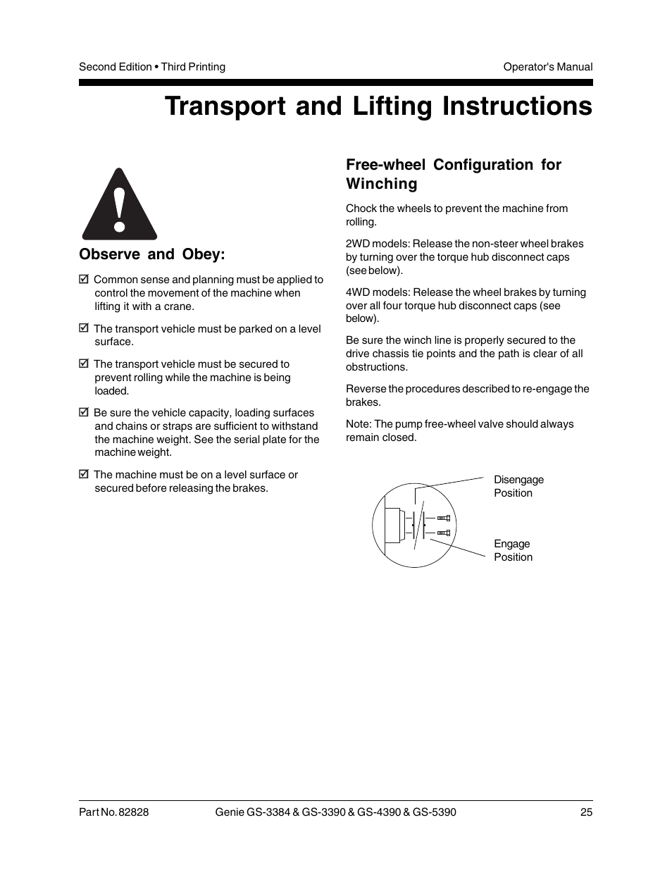 Transport and lifting instructions, Observe and obey, Free-wheel configuration for winching | Genie GS-5390 User Manual | Page 27 / 36
