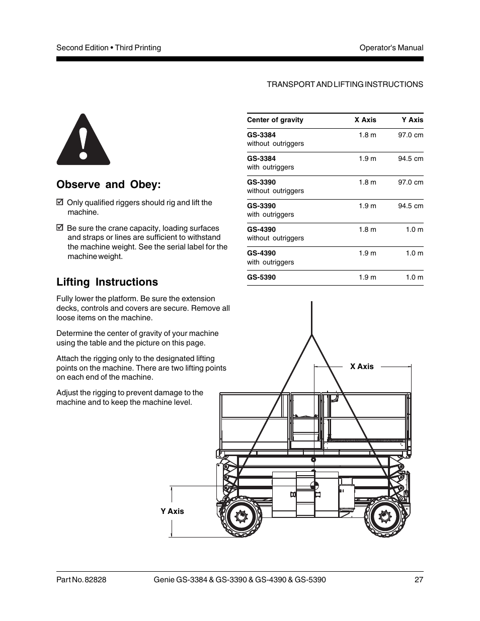 Observe and obey, Lifting instructions | Genie GS-5390 User Manual | Page 29 / 36