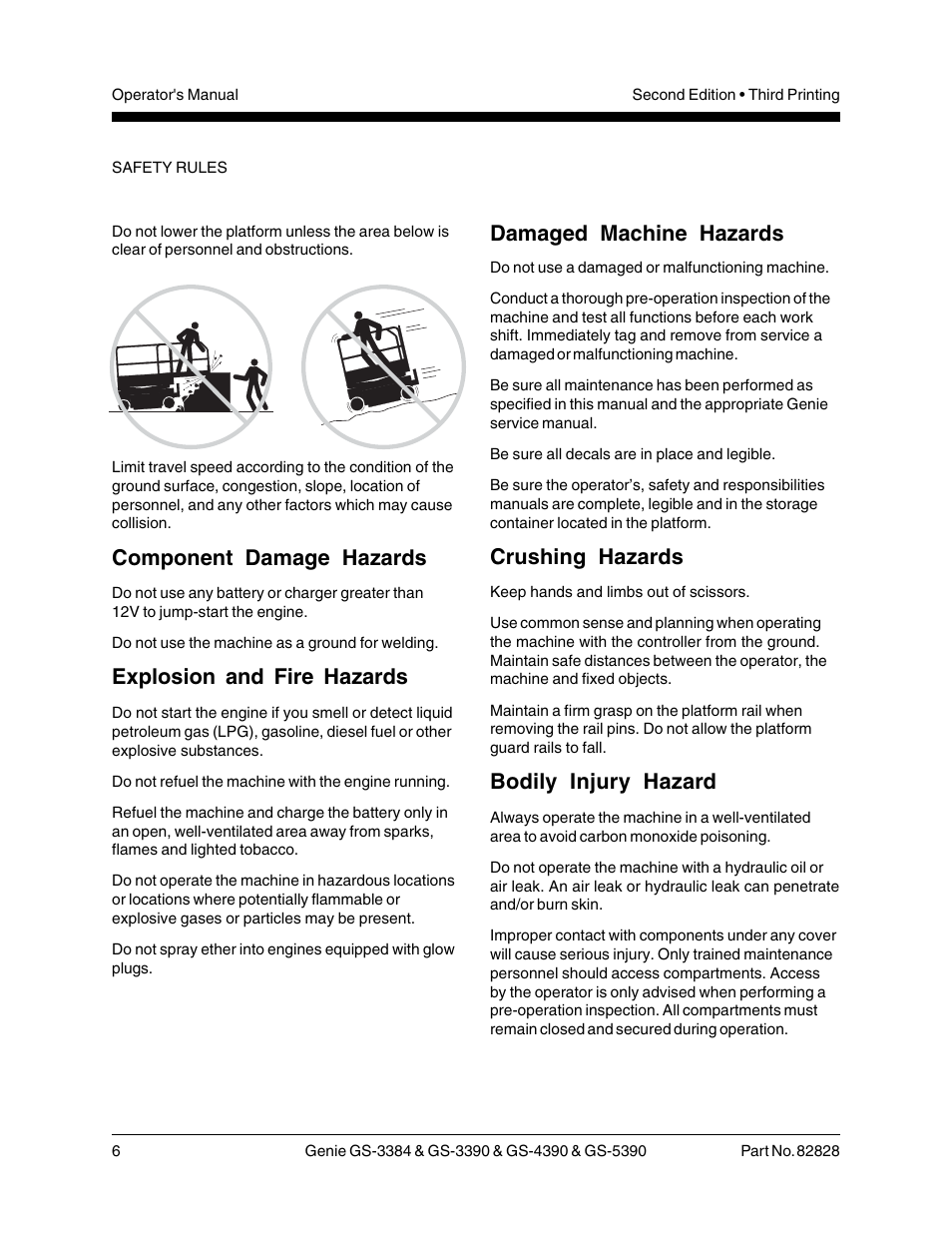 Damaged machine hazards, Crushing hazards, Bodily injury hazard | Component damage hazards, Explosion and fire hazards | Genie GS-5390 User Manual | Page 8 / 36