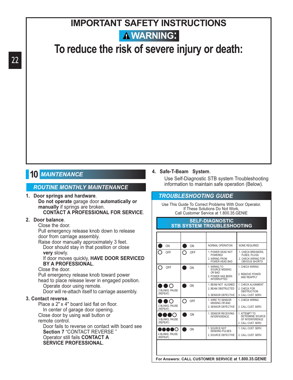 Save these instructions, Important safety instructions, Warning | Maintenance, Routine monthly maintenance, Troubleshooting guide | Genie 3452535556 GCG User Manual | Page 22 / 27