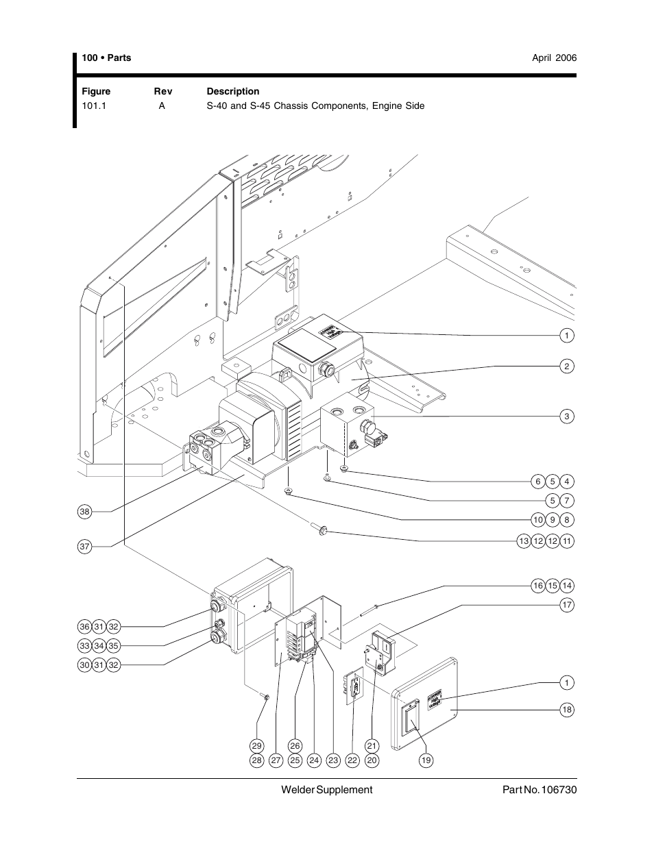 100 • parts, 1 a s-40 and s-45 chassis components, engine side, S-40 and s-45 chassis components, engine side | Genie 106730 User Manual | Page 6 / 35