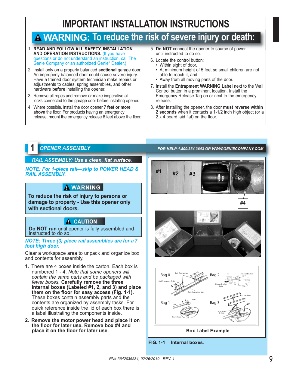 Important installation instructions, Warning, Opener assembly | Caution | Genie 1042 User Manual | Page 9 / 68