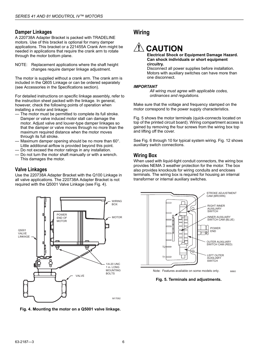 Wiring, Caution, Damper linkages | Valve linkages, Wiring box | Greenheck Fan Modutrol IV Motors 81 User Manual | Page 6 / 12