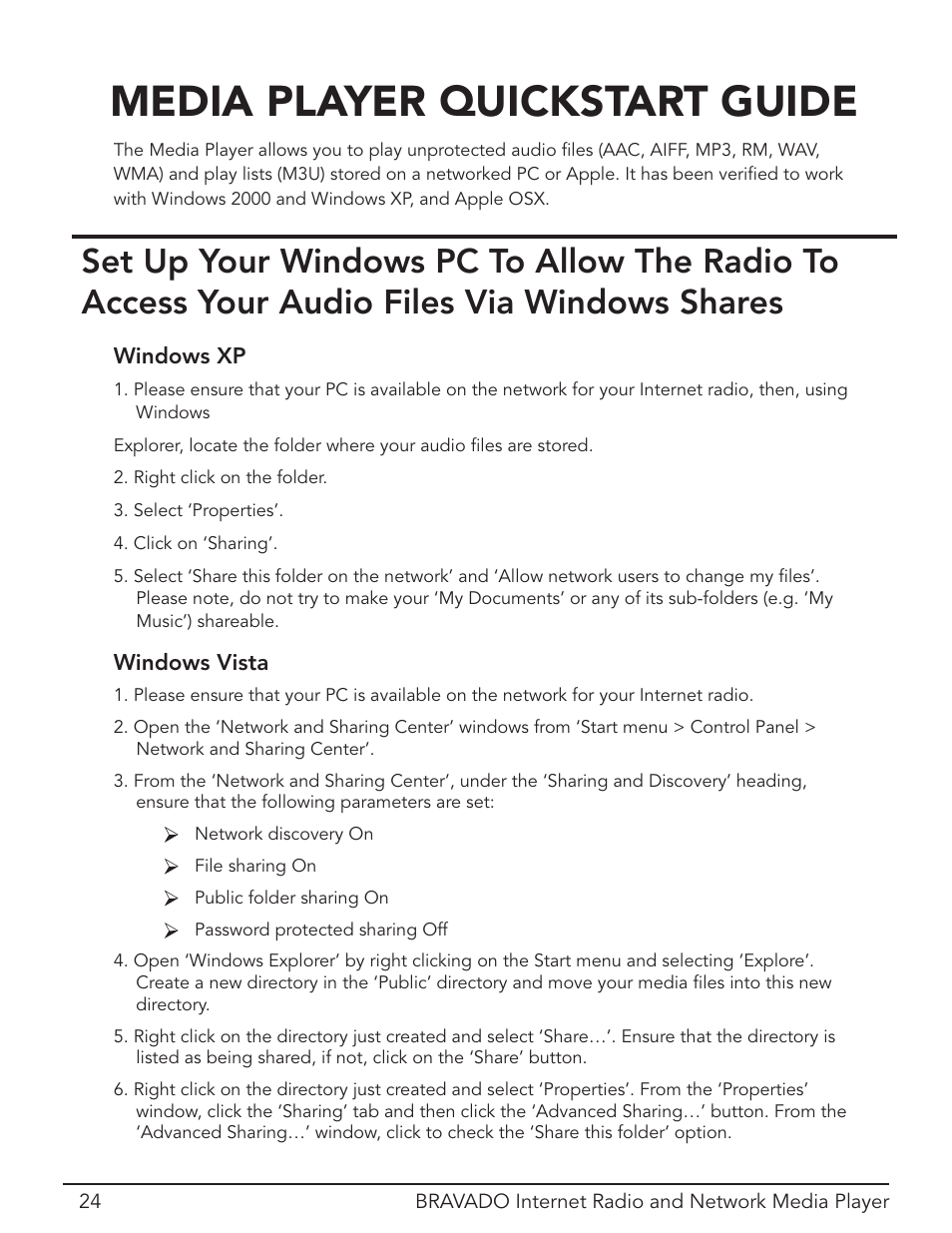 Media player quick start, Media player quickstart guide | Grace Digital Bravado GDI-IRD4400M User Manual | Page 24 / 48