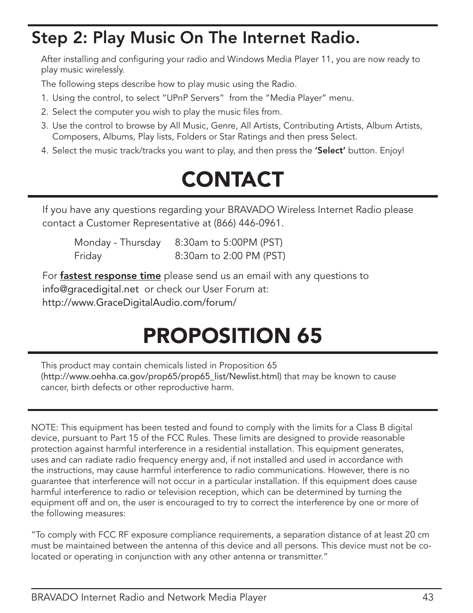 Contact proposition 65, Step 2: play music on the internet radio | Grace Digital Bravado GDI-IRD4400M User Manual | Page 43 / 48