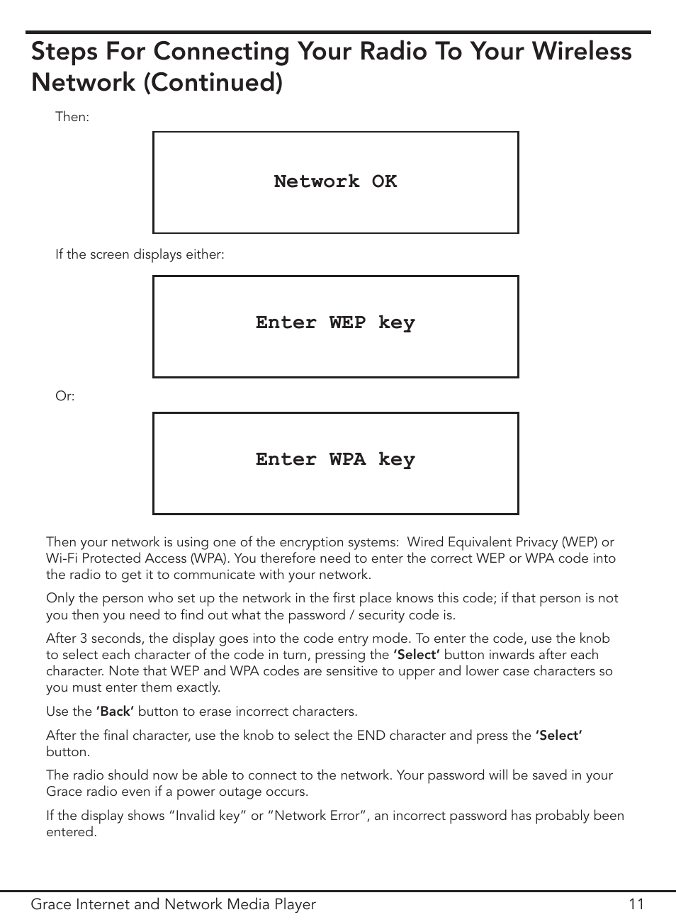 Enter wep key, Enter wpa key, Network ok | Grace Digital GDI-IR3000 User Manual | Page 11 / 44