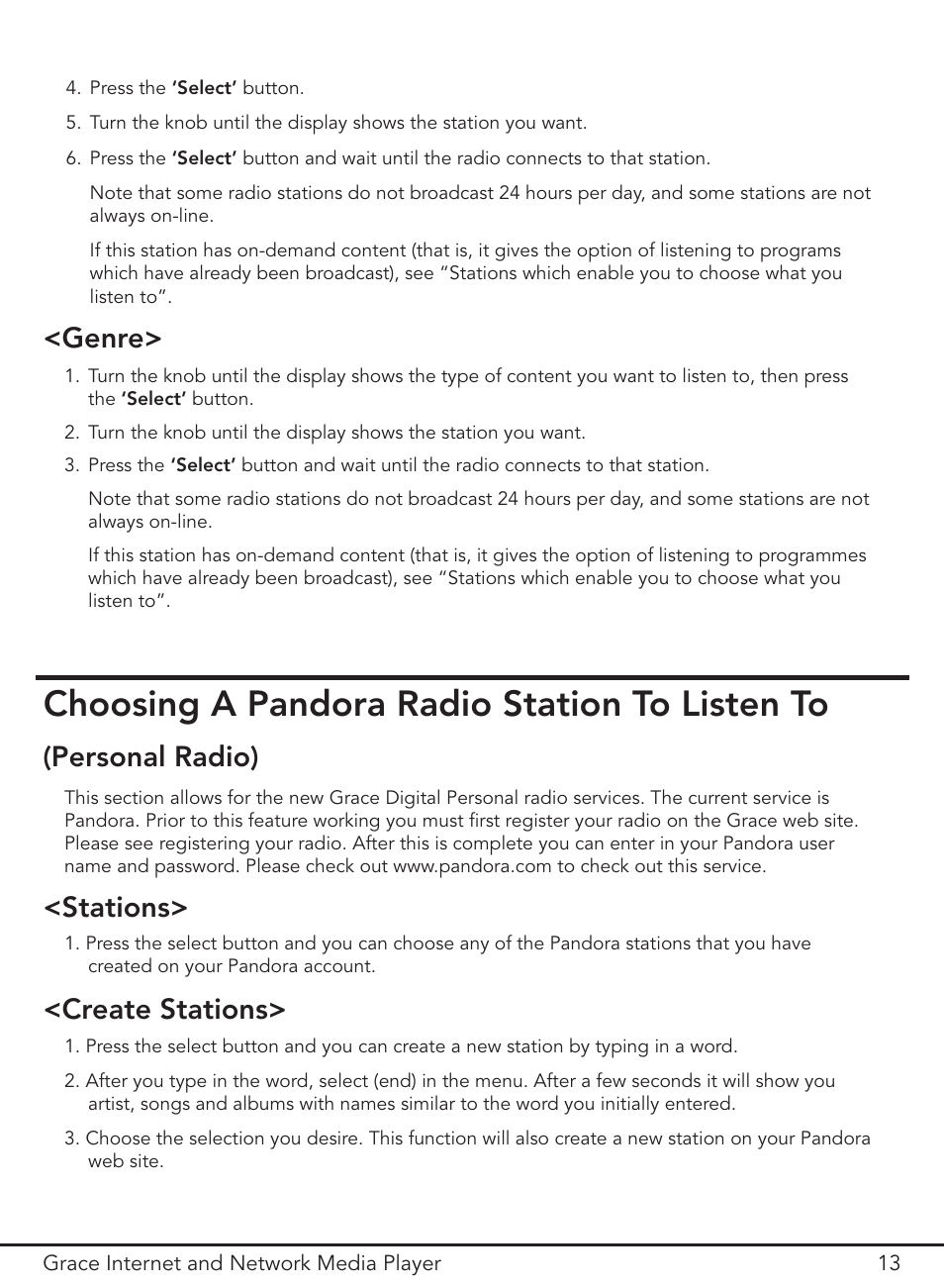 Choosing a pandora radio station to listen to | Grace Digital GDI-IR3000 User Manual | Page 13 / 44
