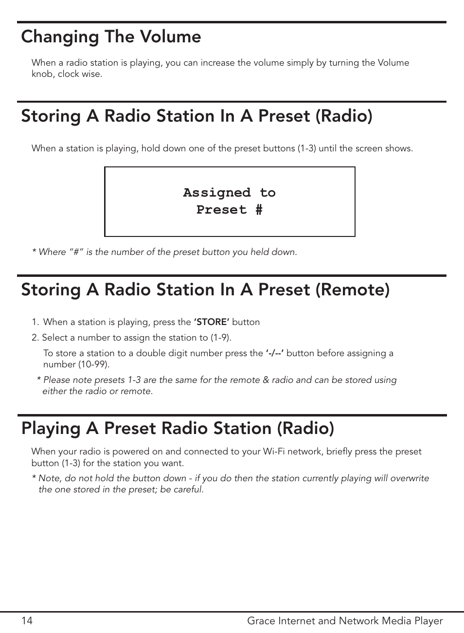 Changing the volume, Playing a preset radio station (radio), Assigned to preset | Grace Digital GDI-IR3000 User Manual | Page 14 / 44