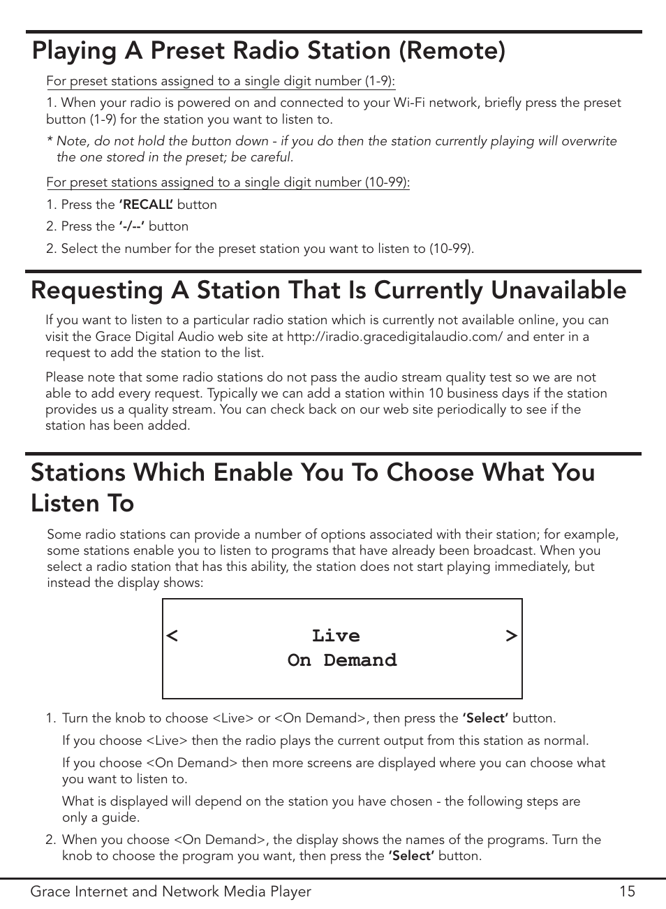 Playing a preset radio station (remote), Requesting a station that is currently unavailable, Live > on demand | Grace Digital GDI-IR3000 User Manual | Page 15 / 44