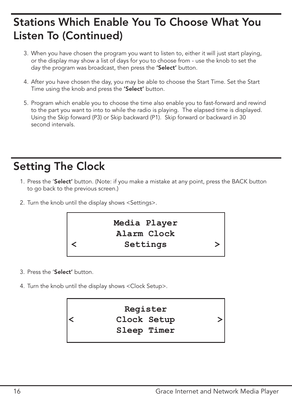 Setting the clock, Media player alarm clock < settings, Register < clock setup > sleep timer | Grace Digital GDI-IR3000 User Manual | Page 16 / 44