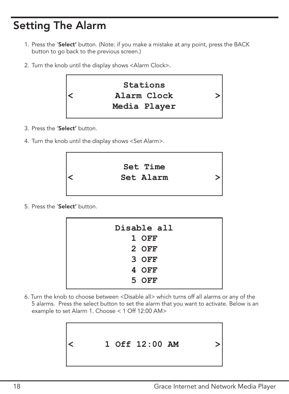 Setting the alarm, Stations < alarm clock > media player, Set time < set alarm | Grace Digital GDI-IR3000 User Manual | Page 18 / 44