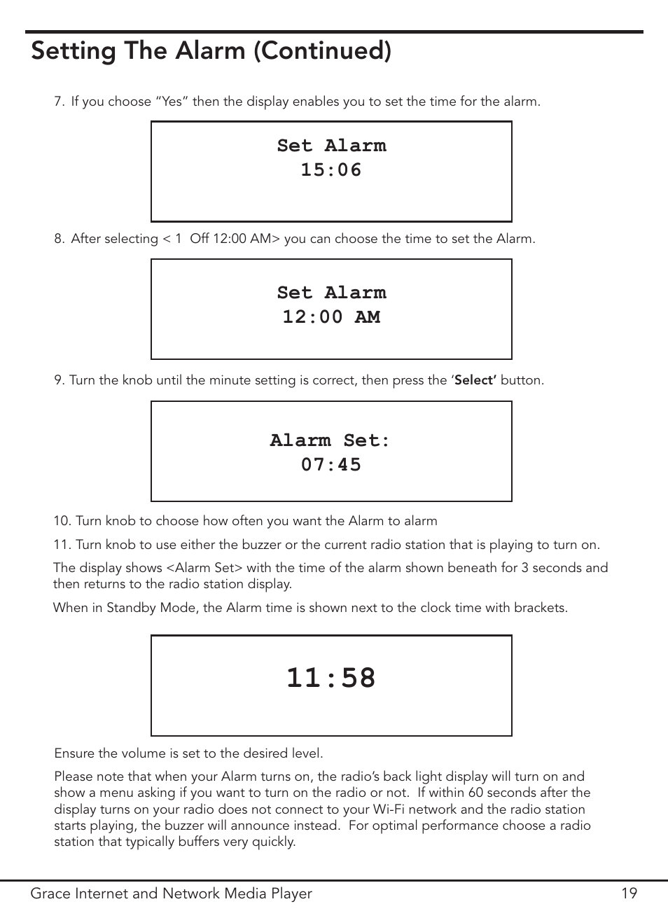 Setting the alarm (continued), Set alarm 15:06, Set alarm 12:00 am | Alarm set: 07:45 | Grace Digital GDI-IR3000 User Manual | Page 19 / 44