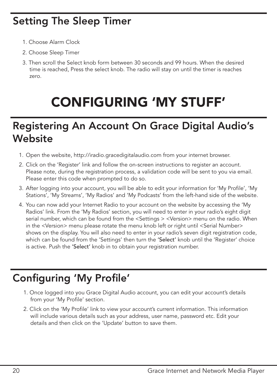 Configuring ‘my stuff, Setting the sleep timer | Grace Digital GDI-IR3000 User Manual | Page 20 / 44