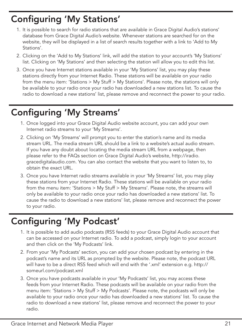 Configuring ‘my streams’ configuring ‘my podcast, Configuring ‘my stations | Grace Digital GDI-IR3000 User Manual | Page 21 / 44