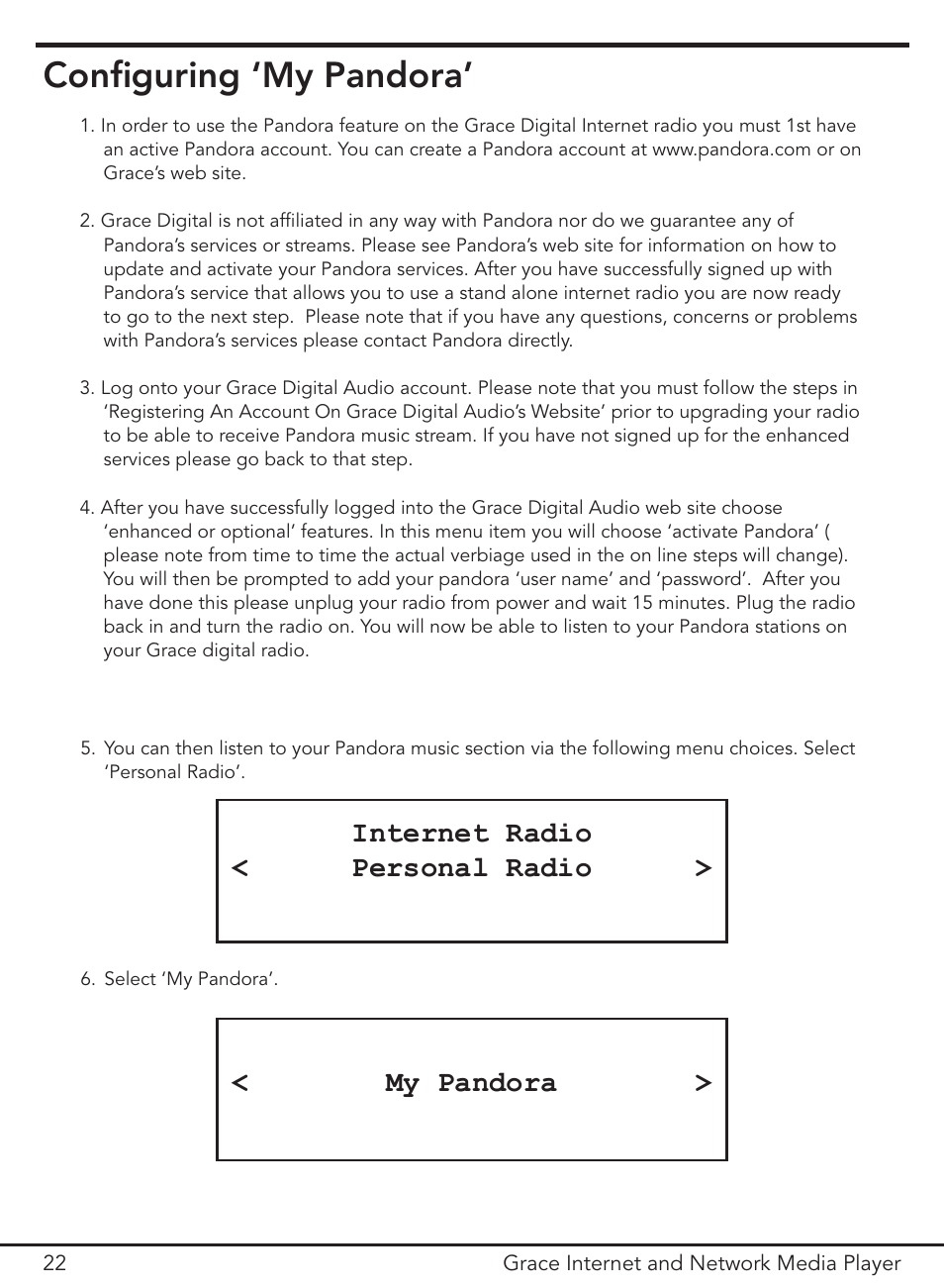 Configuring ‘my pandora, Internet radio < personal radio > < my pandora | Grace Digital GDI-IR3000 User Manual | Page 22 / 44