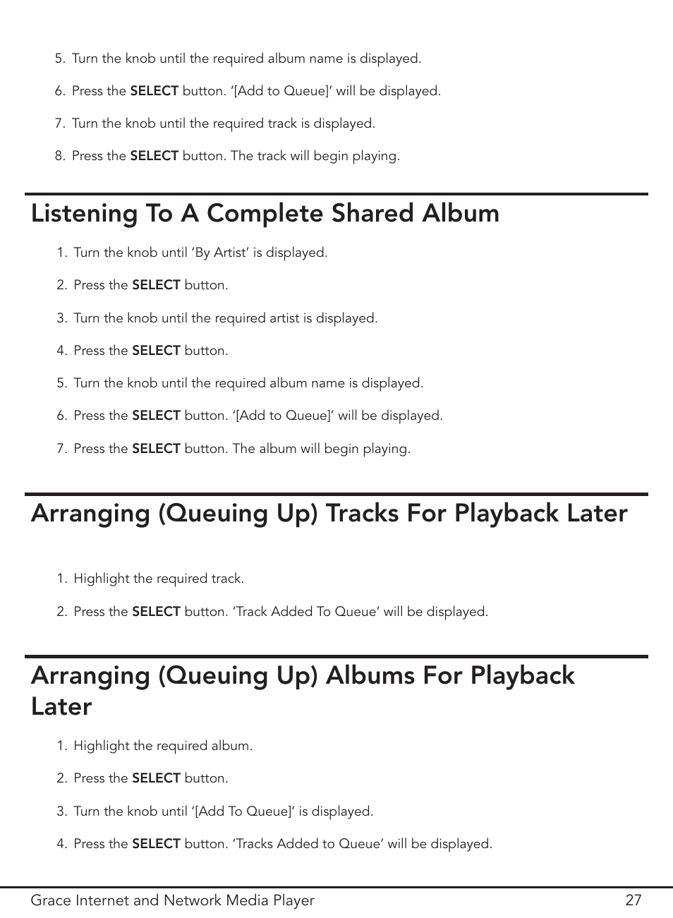 Listening to a complete shared album, Arranging (queuing up) tracks for playback later, Arranging (queuing up) albums for playback later | Grace Digital GDI-IR3000 User Manual | Page 27 / 44