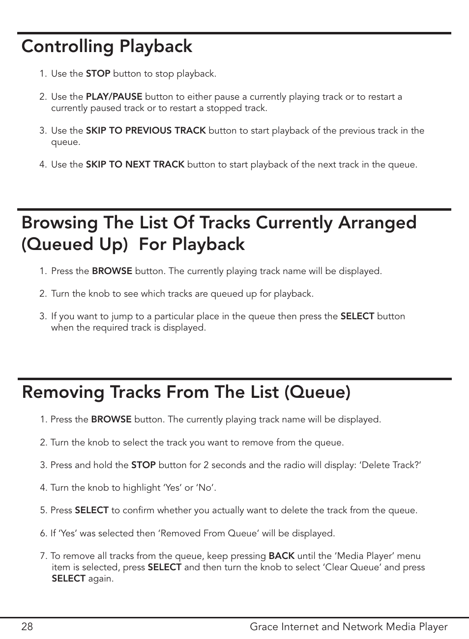 Removing tracks from the list (queue), Controlling playback | Grace Digital GDI-IR3000 User Manual | Page 28 / 44