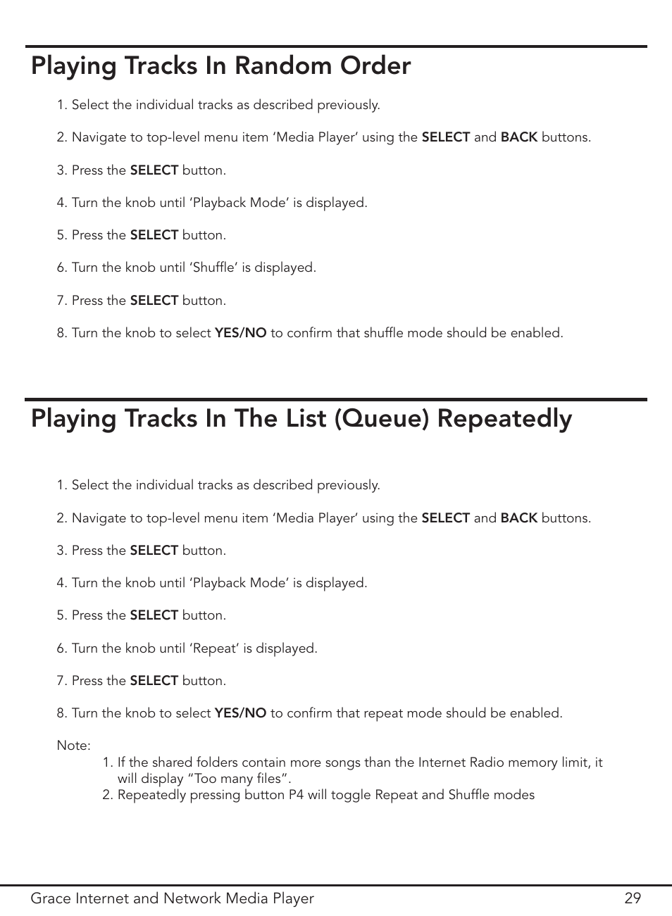 Playing tracks in random order, Playing tracks in the list (queue) repeatedly | Grace Digital GDI-IR3000 User Manual | Page 29 / 44