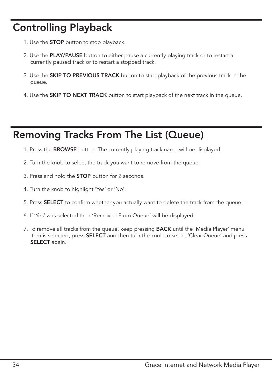 Controlling playback, Removing tracks from the list (queue) | Grace Digital GDI-IR3000 User Manual | Page 34 / 44
