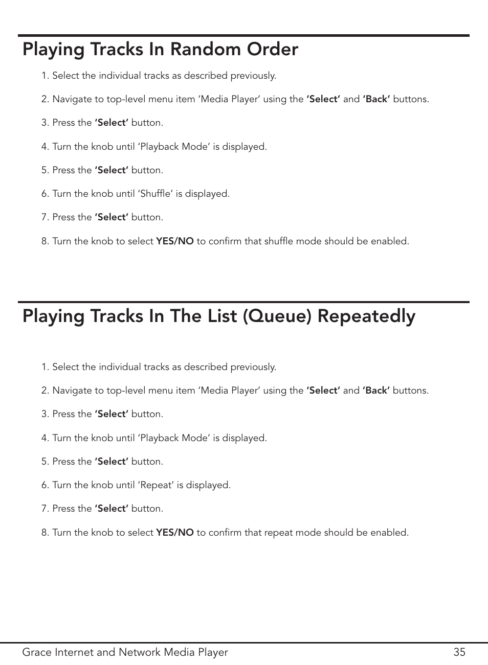 Playing tracks in random order, Playing tracks in the list (queue) repeatedly | Grace Digital GDI-IR3000 User Manual | Page 35 / 44