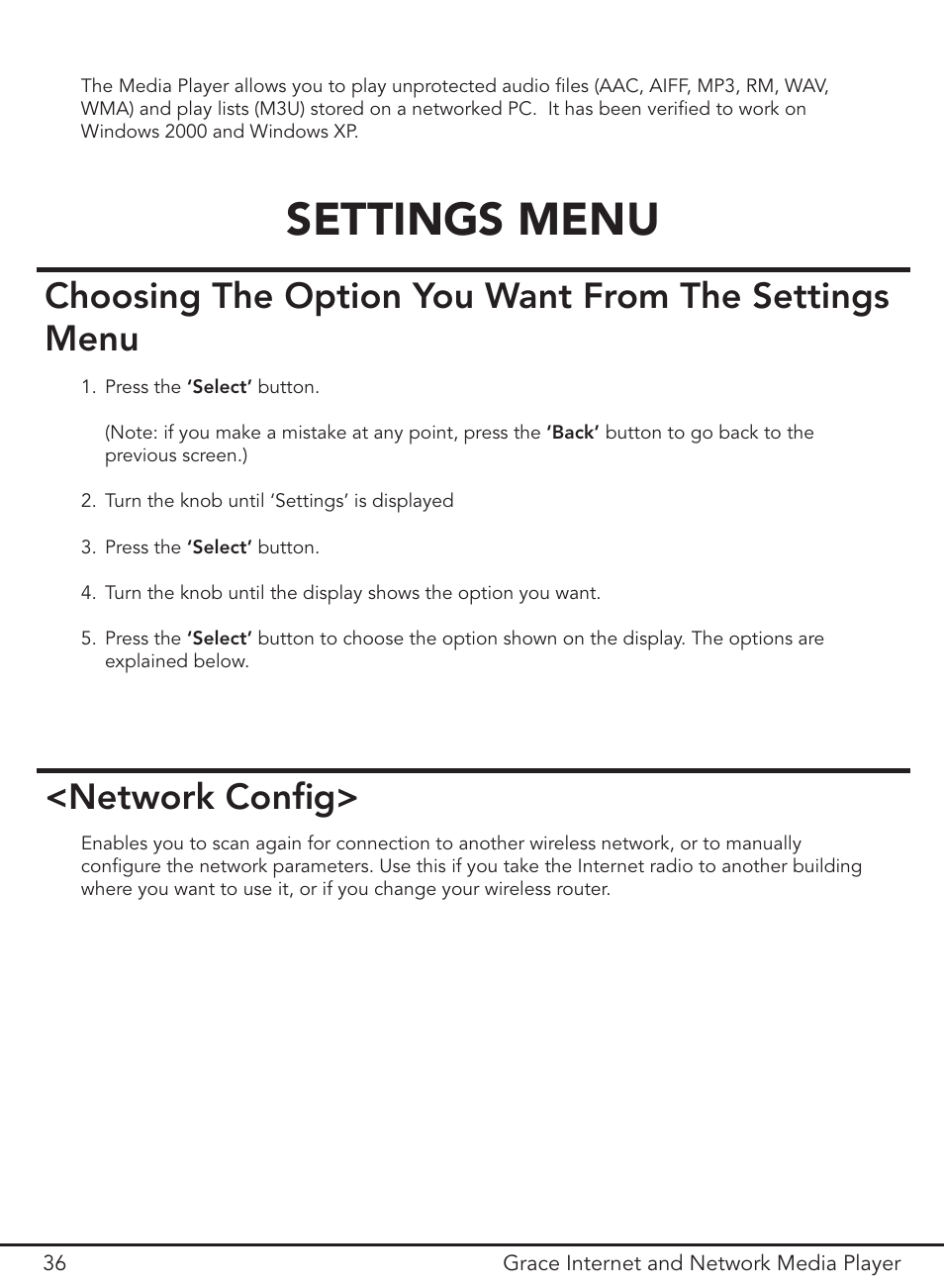 Settings menu, Network config | Grace Digital GDI-IR3000 User Manual | Page 36 / 44