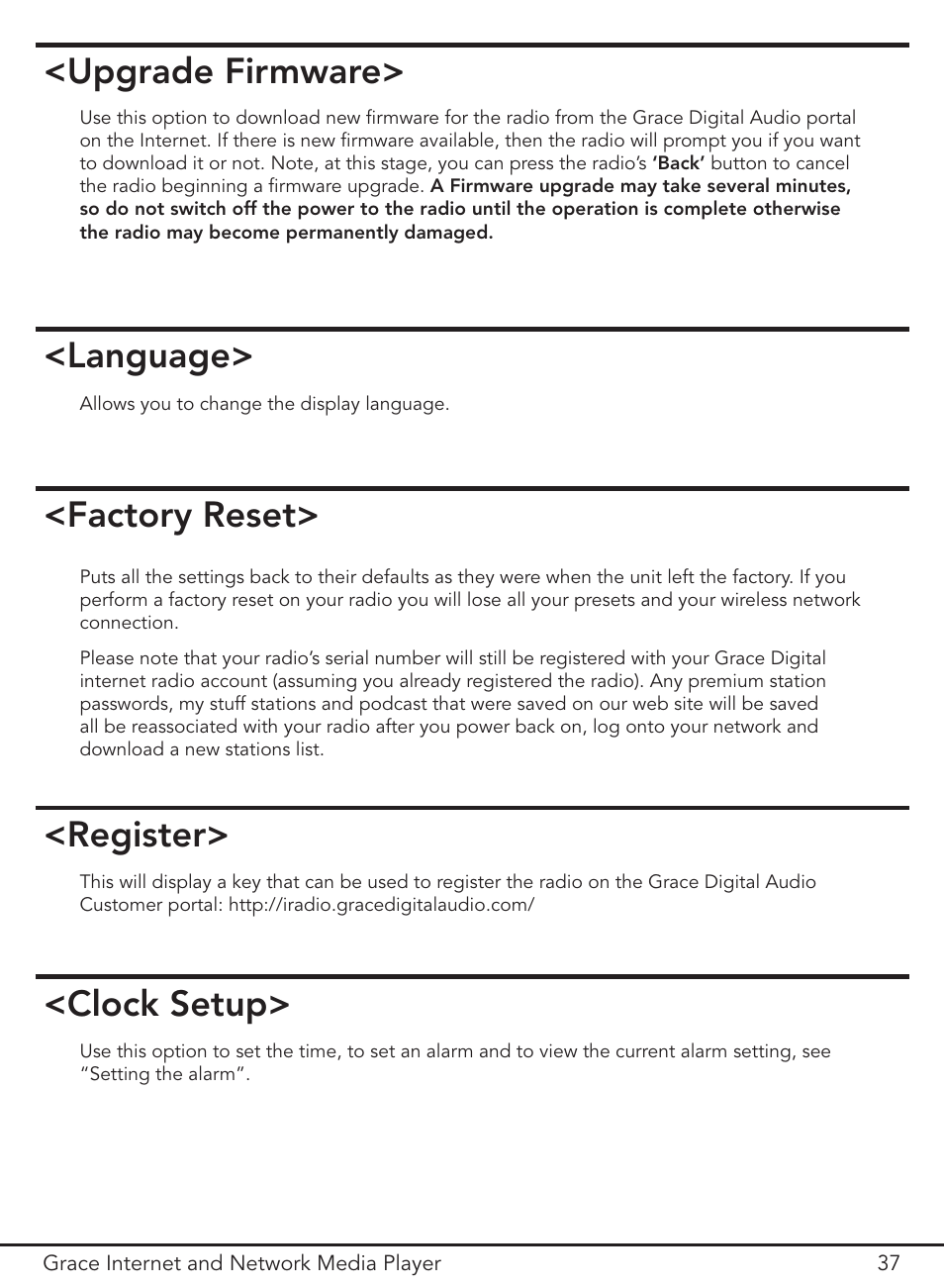 Language, Factory reset, Register | Clock setup, Upgrade firmware | Grace Digital GDI-IR3000 User Manual | Page 37 / 44