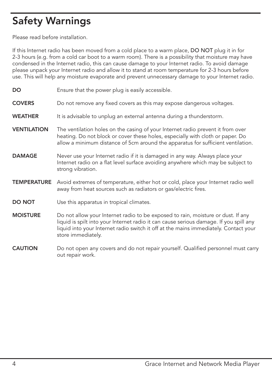 Safety warnings | Grace Digital GDI-IR3000 User Manual | Page 4 / 44