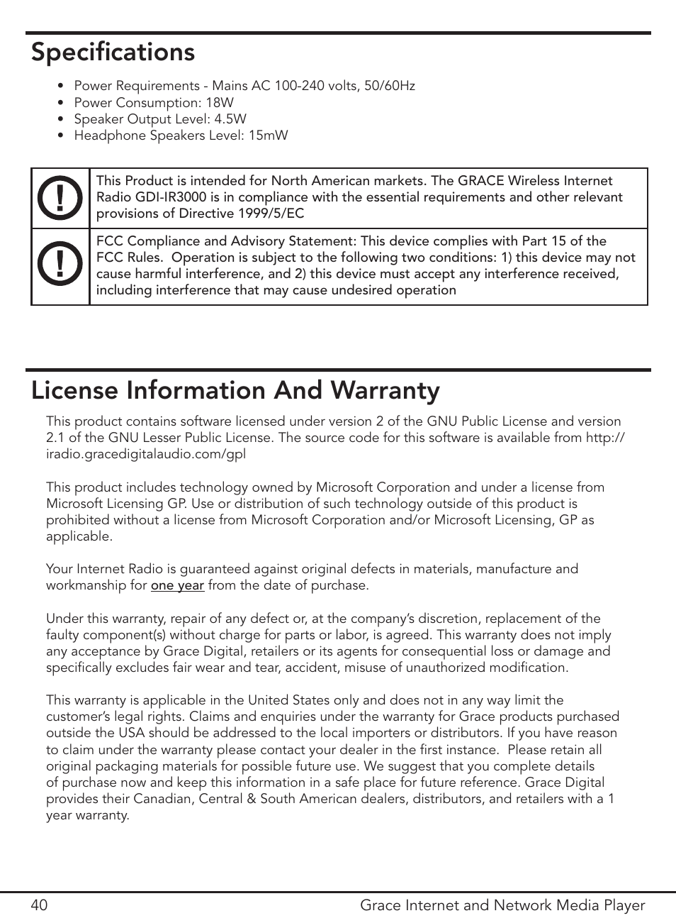 Specifications, License information and warranty | Grace Digital GDI-IR3000 User Manual | Page 40 / 44