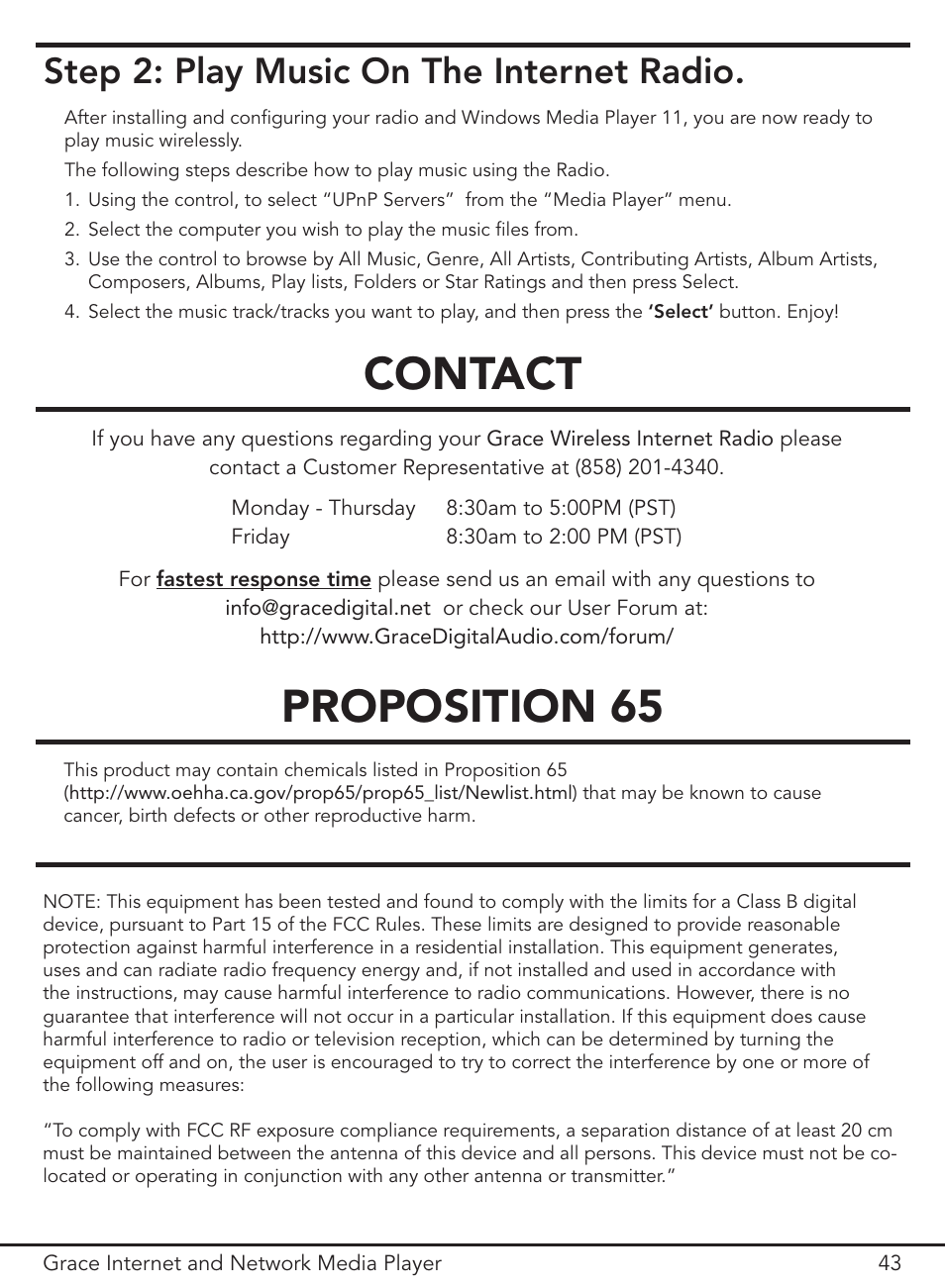 Contact proposition 65, Step 2: play music on the internet radio | Grace Digital GDI-IR3000 User Manual | Page 43 / 44