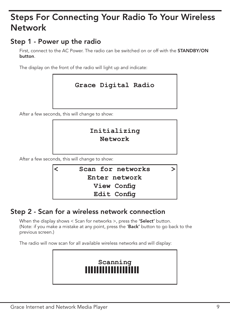 Step 1 - power up the radio grace digital radio, Initializing network | Grace Digital GDI-IR3000 User Manual | Page 9 / 44