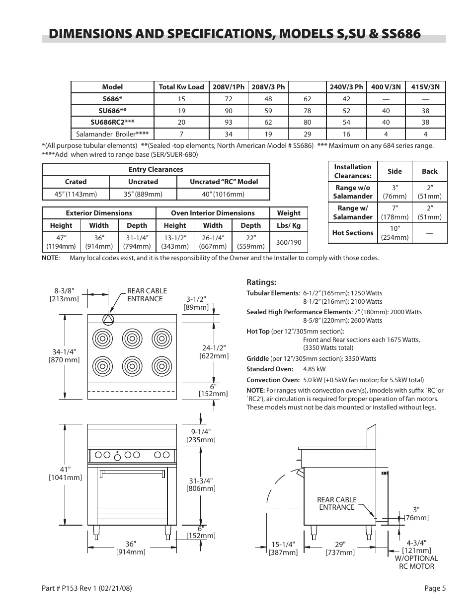 Dimensions and specifications, models s,su & ss686 | Garland SS680 User Manual | Page 5 / 20