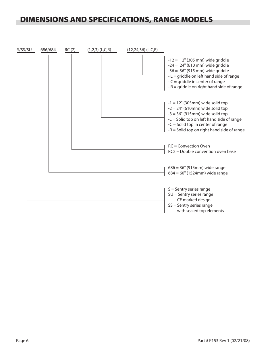 Dimensions and specifications, range models | Garland SS680 User Manual | Page 6 / 20