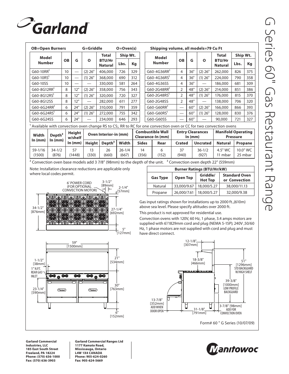 Gse rie s 6 0" g as r es ta ura nt ra ng e | Garland G SERIES 60" GAS G60-8G12RR User Manual | Page 2 / 2
