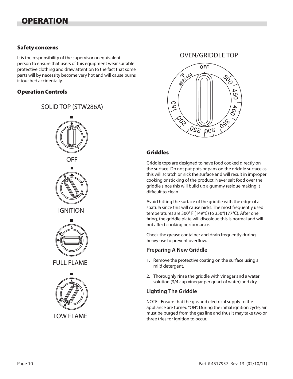 Operation, Oven/griddle top | Garland STW286A User Manual | Page 10 / 56