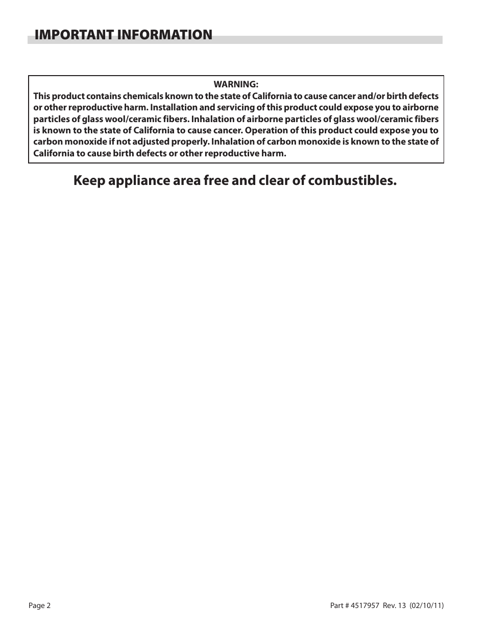 Important information, Keep appliance area free and clear of combustibles | Garland STW286A User Manual | Page 2 / 56