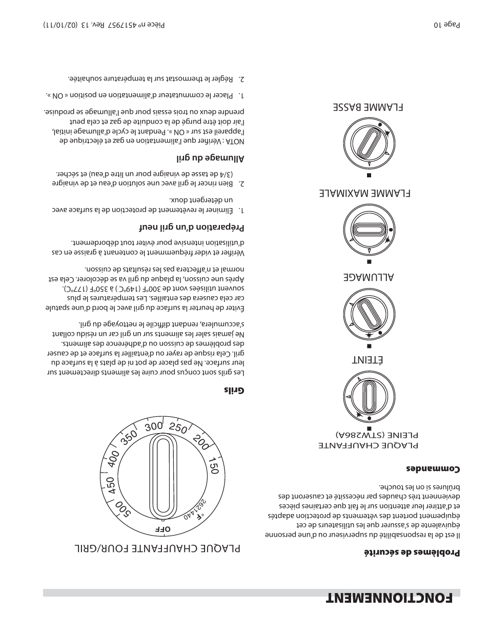 Fonctionnement, Éteint allum ag e flamme ma ximale flamme basse, Plaque cha uffante four/gril | Garland STW286A User Manual | Page 47 / 56