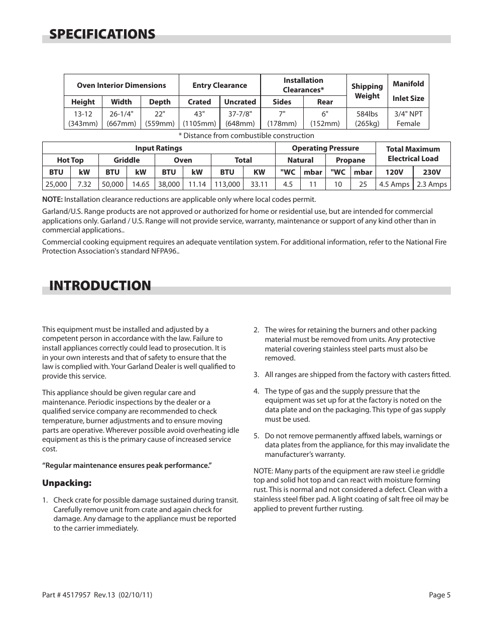 Specifications introduction | Garland STW286A User Manual | Page 5 / 56