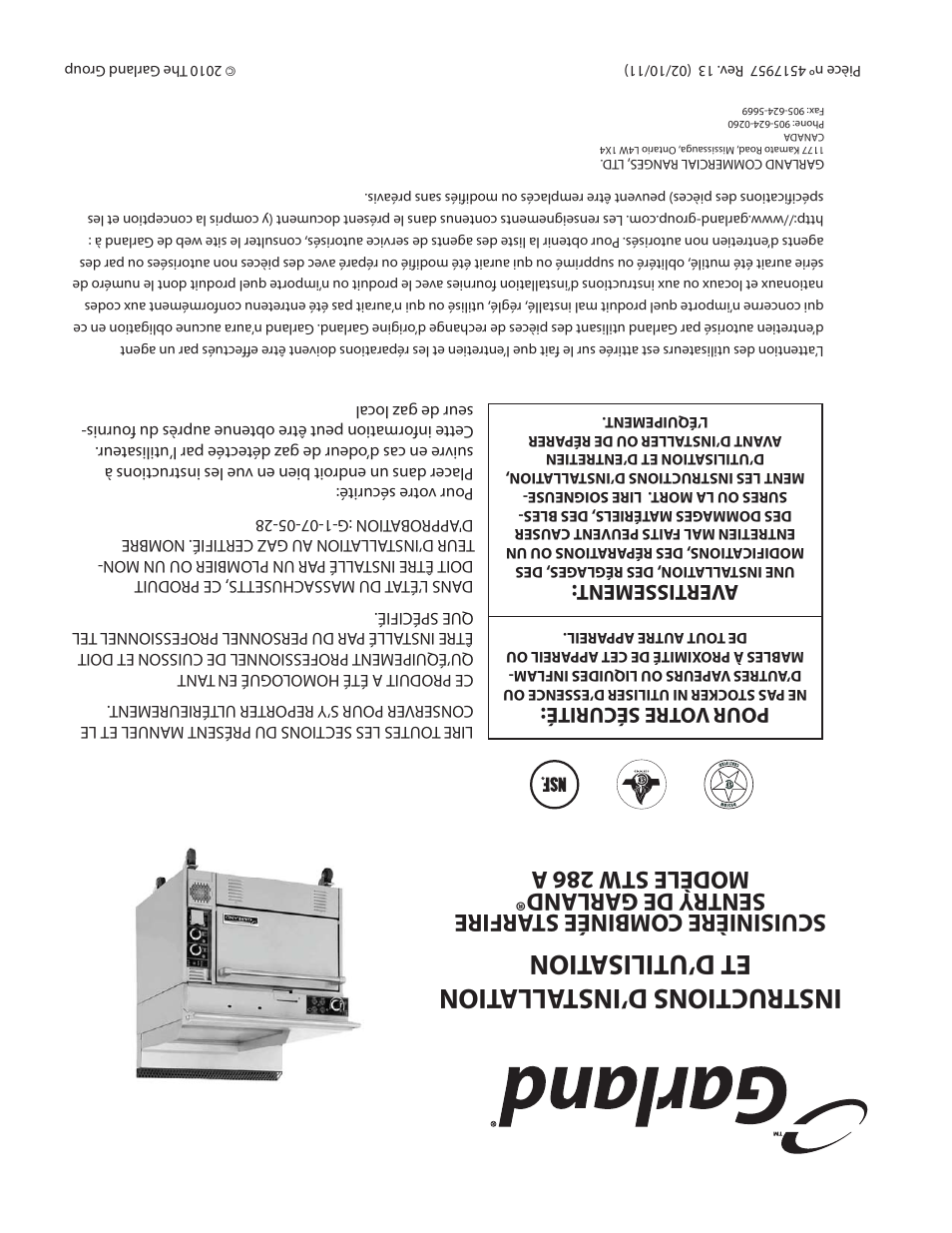 Instructions d’inst alla tion et d ’utilisation, Pour vo tre sécurité, Avertissement | Garland STW286A User Manual | Page 56 / 56