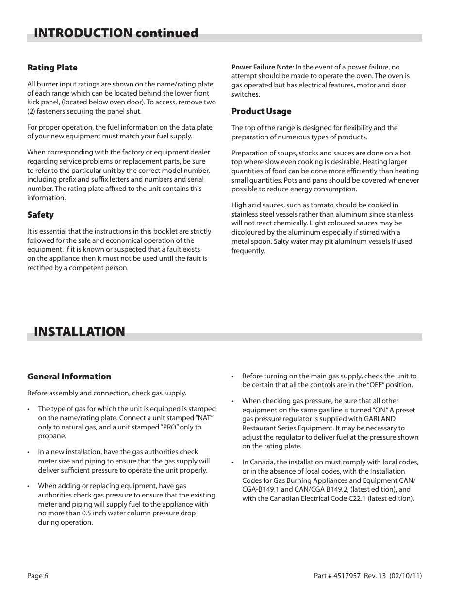 Installation, Introduction continued | Garland STW286A User Manual | Page 6 / 56