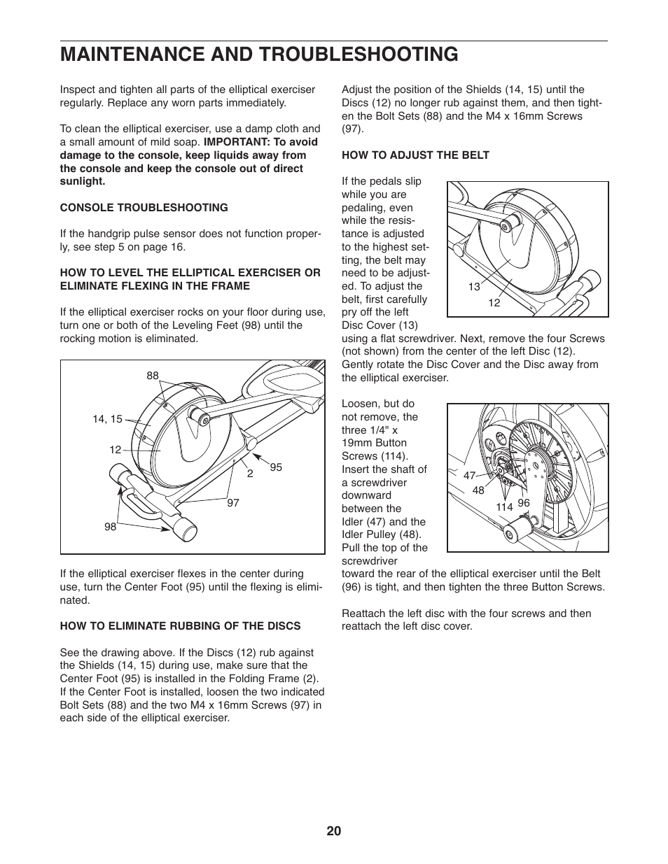 Maintenance and troubleshooting | Gold's Gym GGEL68108.0 User Manual | Page 20 / 28