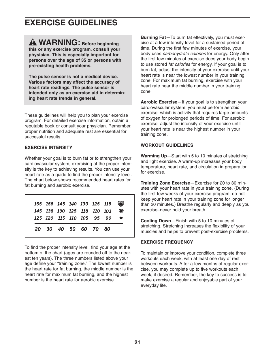 Exercise guidelines warning | Gold's Gym GGEL68108.0 User Manual | Page 21 / 28