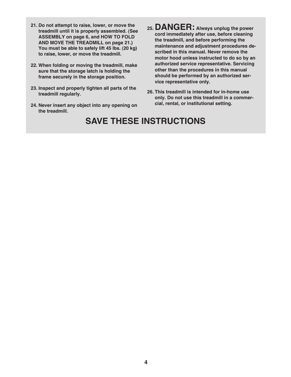 Danger, Save these instructions | Gold's Gym 550 User Manual | Page 4 / 32