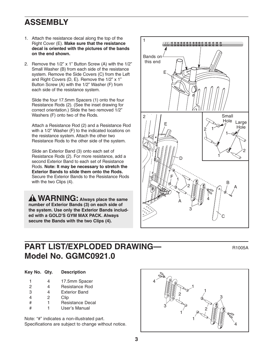 Part list/exploded drawing, Assembly, Warning | Gold's Gym GGMC0921.0 User Manual | Page 3 / 4
