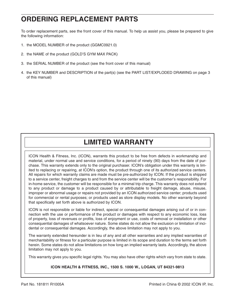 Ordering replacement parts, Limited warranty | Gold's Gym GGMC0921.0 User Manual | Page 4 / 4
