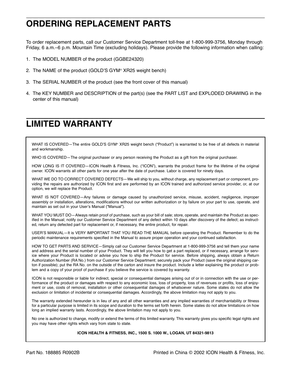 Ordering replacement parts limited warranty | Gold's Gym XR25 GGBE24320 User Manual | Page 12 / 16