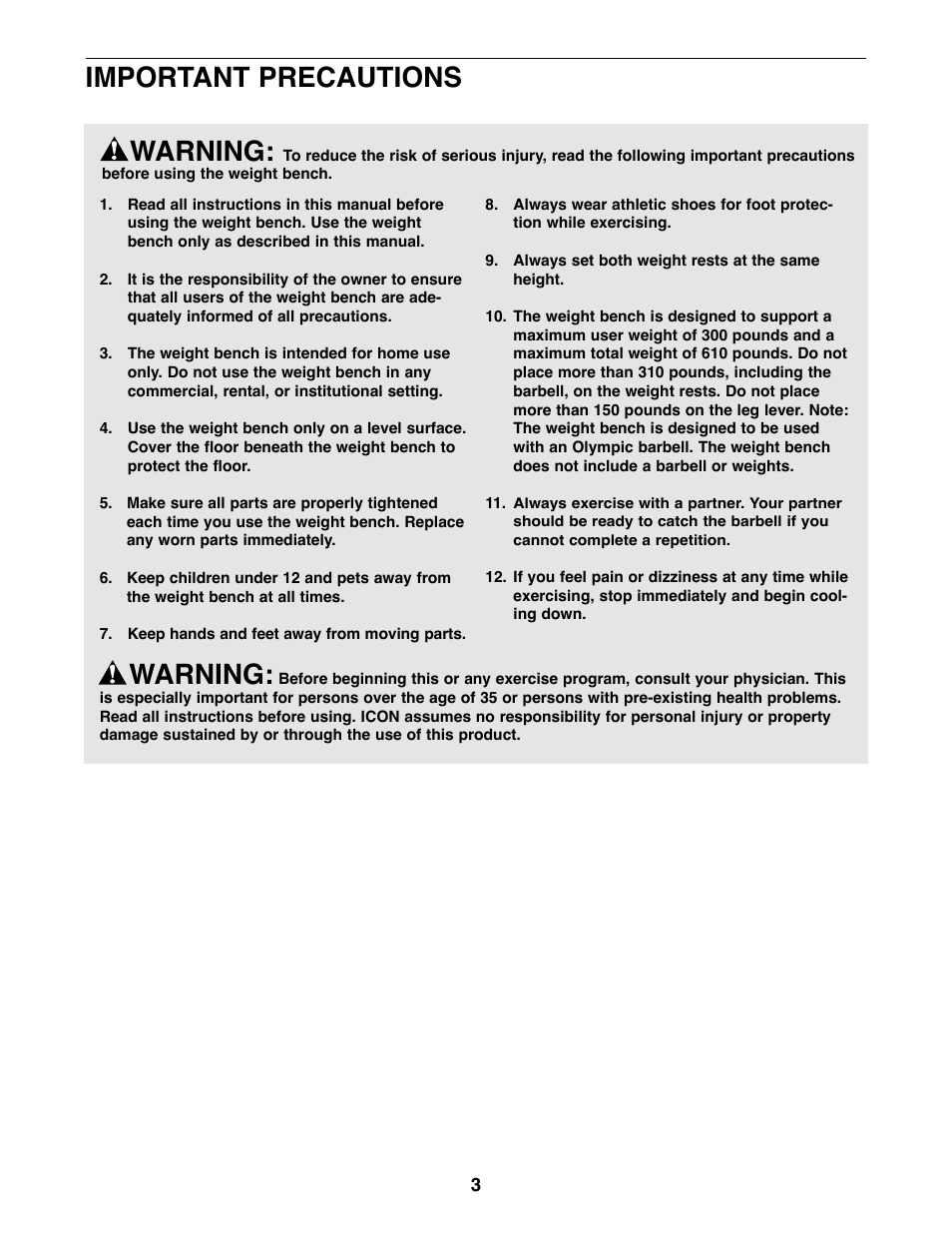Warning, Important precautions | Gold's Gym XR25 GGBE24320 User Manual | Page 3 / 16