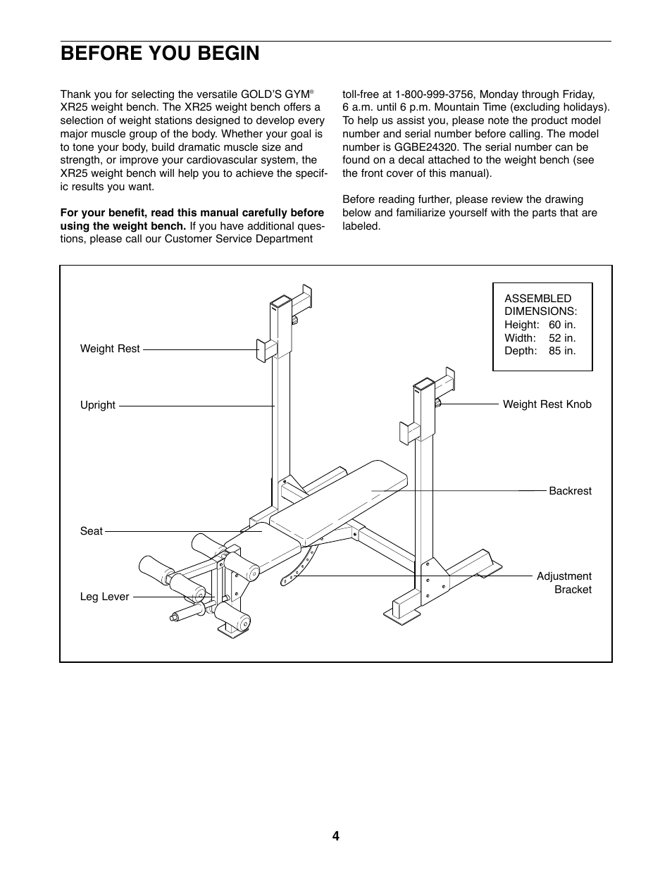 Before you begin | Gold's Gym XR25 GGBE24320 User Manual | Page 4 / 16