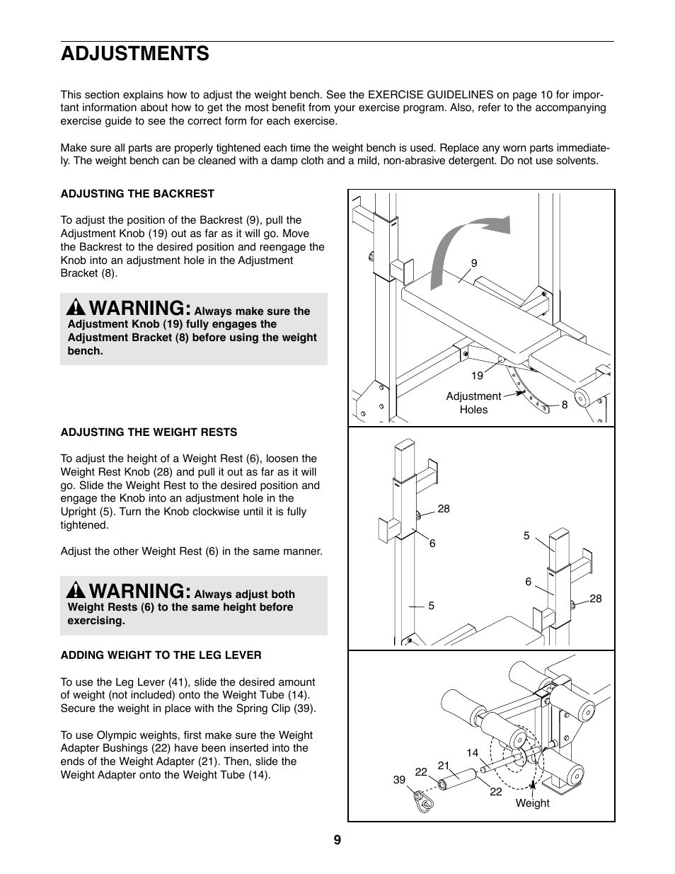 Warning, Adjustments | Gold's Gym XR25 GGBE24320 User Manual | Page 9 / 16