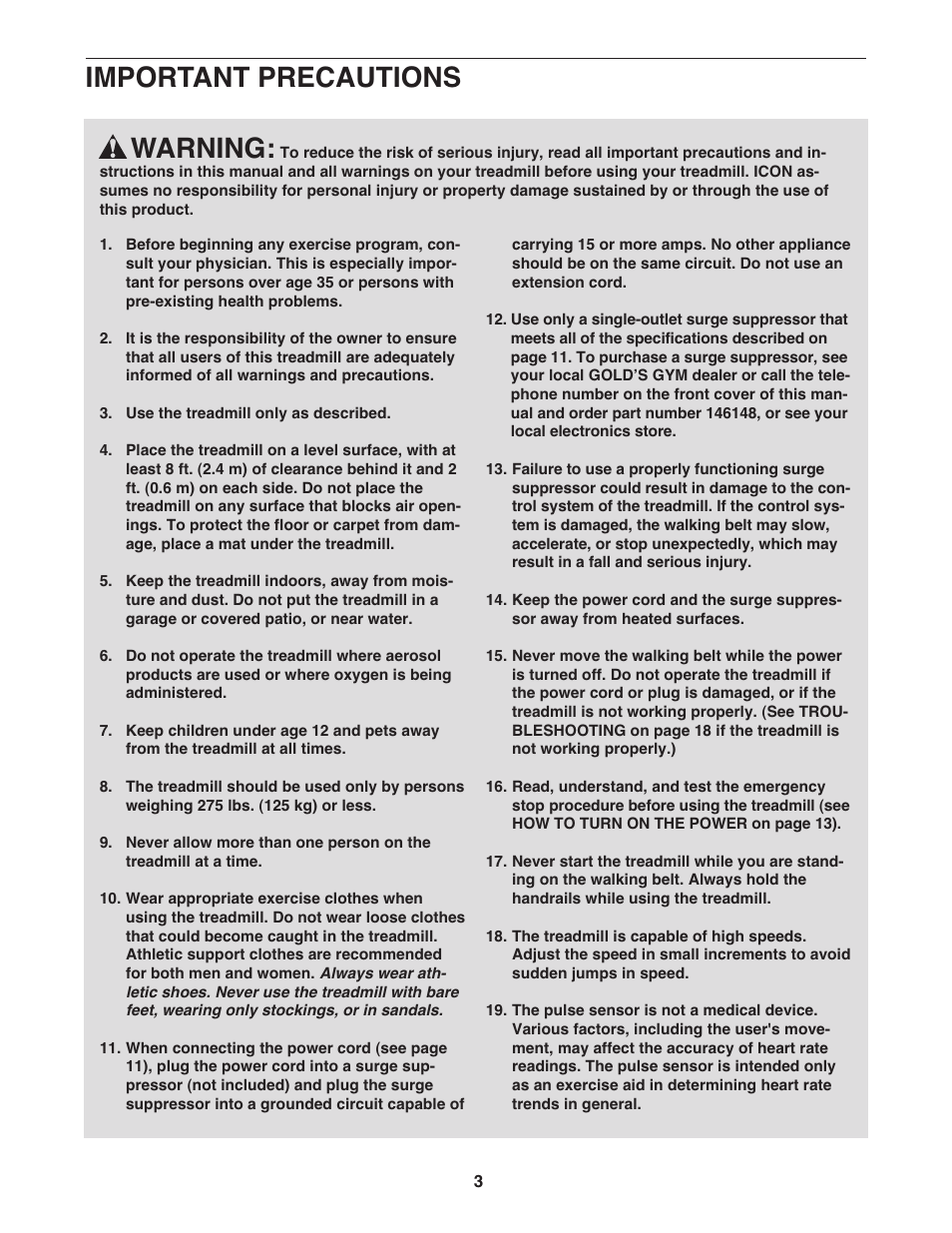 Warning, Important precautions | Gold's Gym GGTL03607.4 User Manual | Page 3 / 28