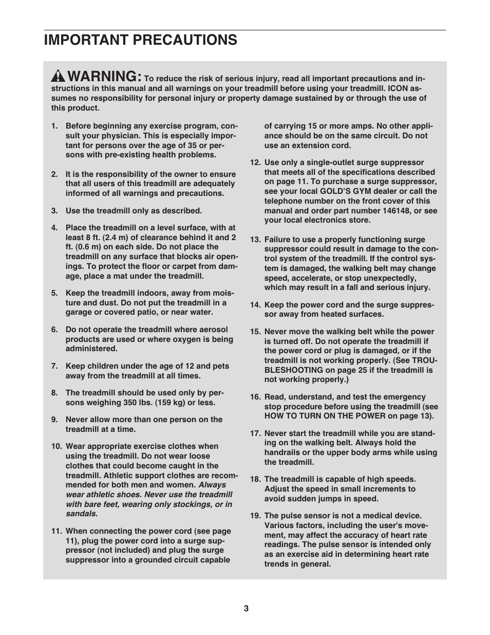 Warning, Important precautions | Gold's Gym Maxx Crosswalk 650 User Manual | Page 3 / 36